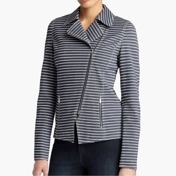Lafayette 148 Julius Twill Moto Jacket
Asymmetrical Full Zip Striped Blue SZ 14 - Picture 1 of 5